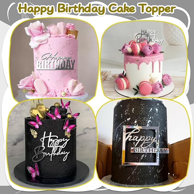 15 PCS Silver Happy Birthday Cake Toppers Mirror Acrylic Cake Topper Side Cake Decorations Silver Cake Inserts Cake Decorating Supplies Cupcake Toppers for Birthday Party Cake Desserts 15 Styles