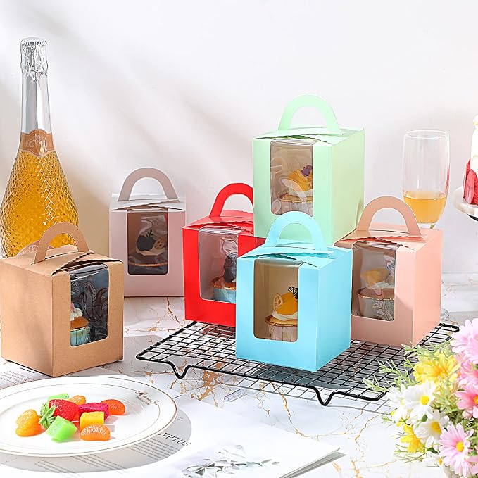 Ctosree 60 Pcs Individual Cupcake Boxes Single Colourful Cupcakes Containers with Insert Window and Handle Kraft Cupcake Holders Portable Cupcake Carriers for Bakery Wedding Party Favor (6 Colors)