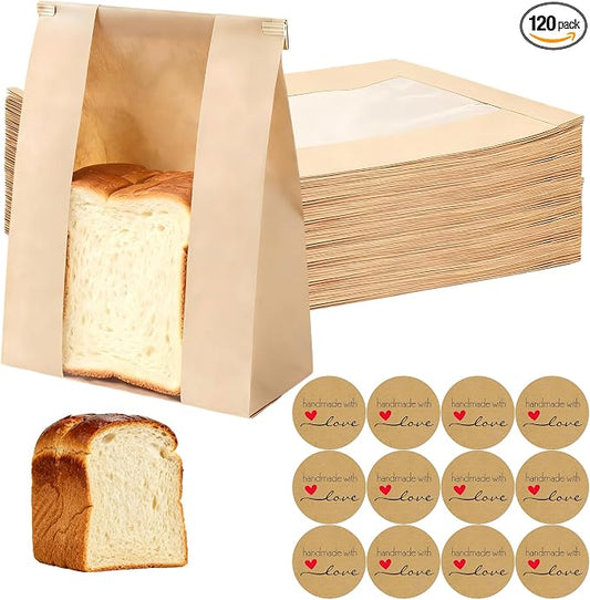 120 Pcs Paper Bread Bags for Homemade Bread with Tin Tie Tab Lock,Large Sourdough Bags Bakery Bag for Packaging Gift Giving,14" x 8.3" x 3.5",Clear Front Window,Includes 500 Sealing Stickers