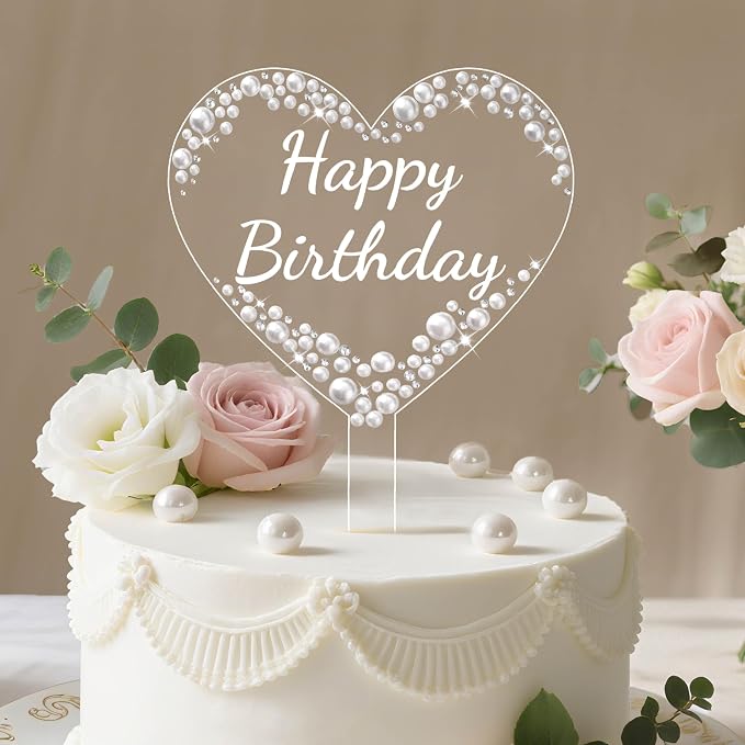 Coucoland Happy Birthday Cake Topper - Heart Acrylic Cake Decor with Sparkling Rhinestones and Pearls for Party Supplies