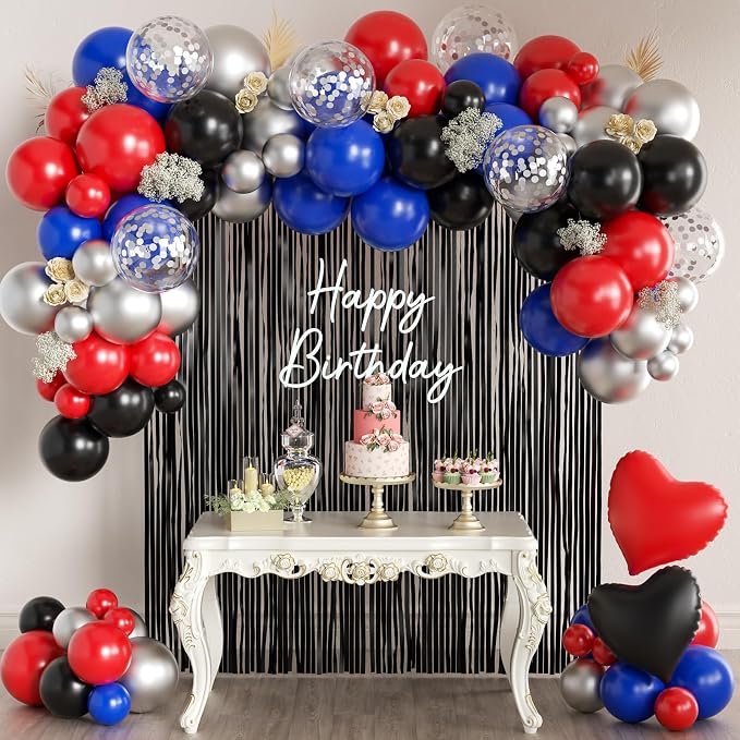 157Pcs Red Black Silver Blue Balloons Garland Arch Kit with Black Fringe Curtain Backdrop for Birthday Graduation New Year's Eve Baby Shower Party Decorations