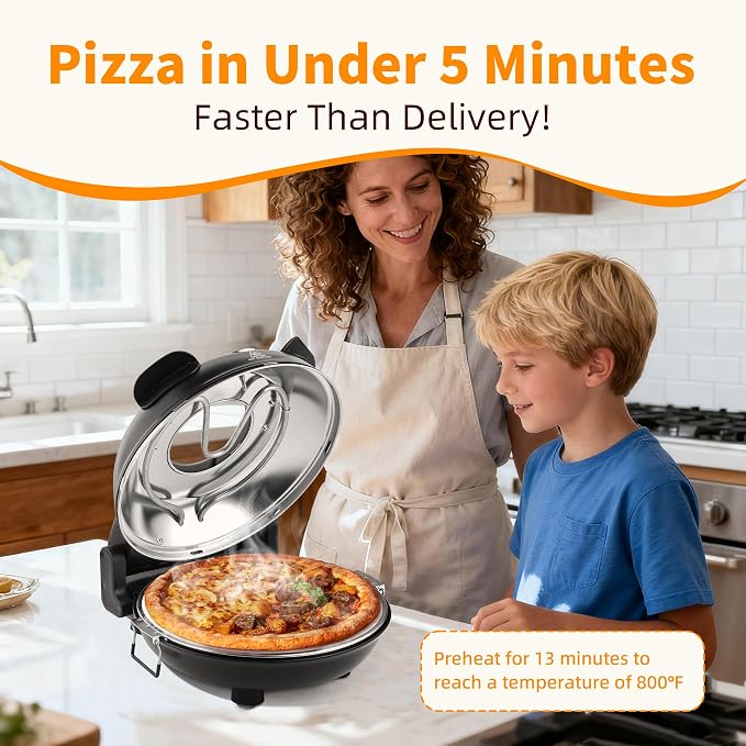 Electric-Pizza-Oven, 12'' Indoor-Electric-Pizza-Maker, 1200W Countertop Pizza Maker Machine with Dual Temp Control, Crispy Crust Pizzas in Minutes, Black