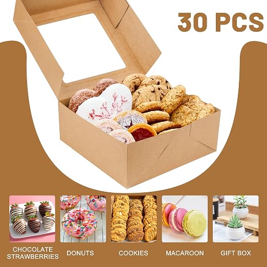 NPLUX 8x8x3 inch Kraft Cookie Boxes Candy Boxes with Window for Chocolate Covered Strawberry Donut Breakable Heart Baked Goods, Graduation Gifts Party Favors(30 Pack,Brown)