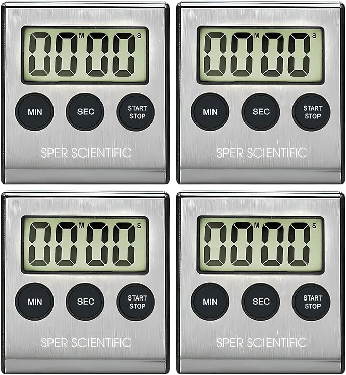 Sper Scientific Stainless Steel Digital Lab + Kitchen Timer 810028A – Compact Design Timer with Large Display & Loud Alarm - for Cooking, Baking, Labs, Workouts & More - 4 pc