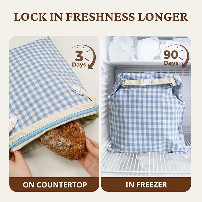 BRONYPRO Reusable Beeswax and Linen Bread Bags with Zipper, 2-Pack Waxed Bread Bags for Homemade Bread & Sourdough, Sustainable Loaf Storage to Lock in Freshness, Large 17x12.6in, Blue Gingham