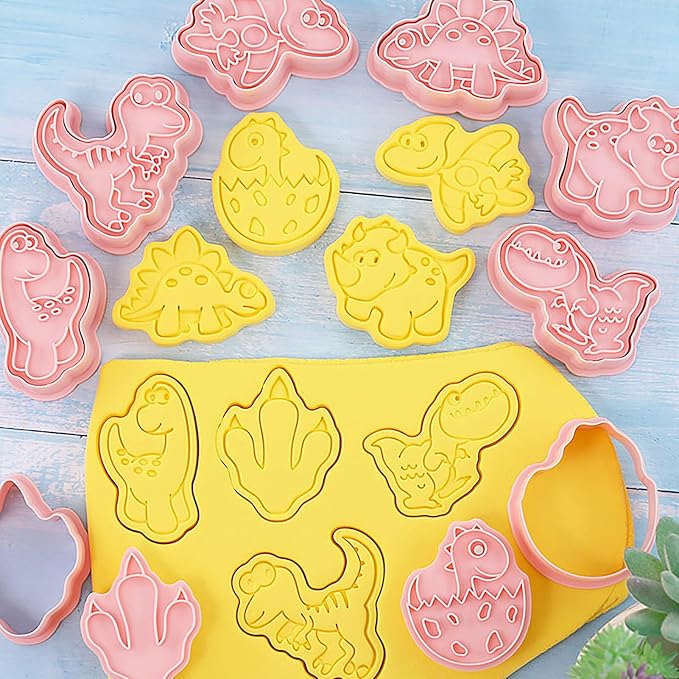 Mini Dino Cookie Cutters with Cookie Stamps 8 Pcs Small Baking Supplies for Kids Dinosaur Theme Birthday Party (Dinosaur C)