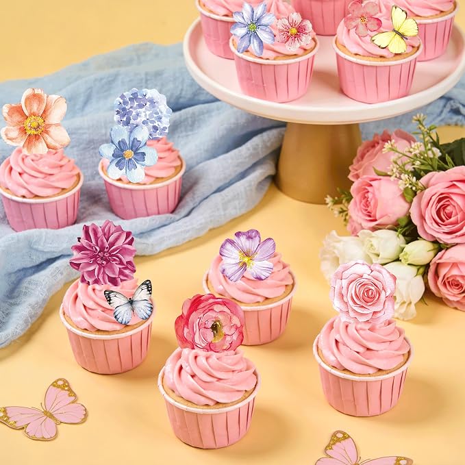 138pcs Edible Flower Butterflies Cake Topper Wafer Paper Flower Cupcake Toppers Mixed Size Hawaiian Flower Cake Decorations for Tropical Luau Birthday Baby Shower Party Supplies
