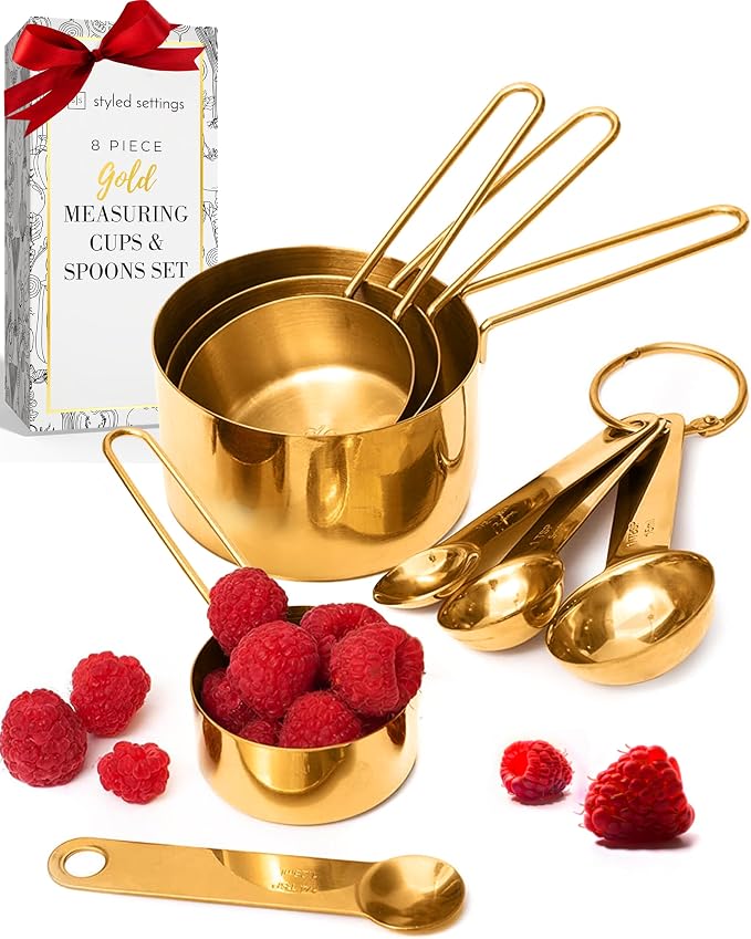 STYLED SETTINGS Gold Measuring Cups and Spoons Set – Stackable 8-Piece Brass Measuring Cups and Spoons – Stylish and Sturdy Gold Kitchen Accessories for Baking and Cooking