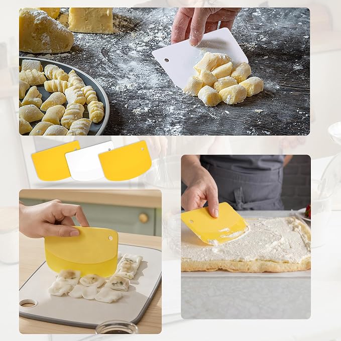 5 Pcs Bench Scraper, Bench Scraper Kitchen 2 Pcs Stainless Steel Dough Scraper with Wood Handle and 3 Pcs PP Food Scraper with Hanging Hole, Multipurpose Bread Dough Cutter for Baking-Yellow