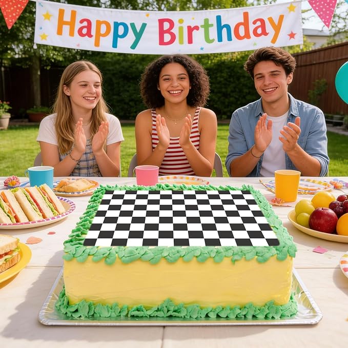 Black and White Checkered Edible Cake Topper, 28x19.4cm/11.02x7.63in Square Racing Party Decoration for Birthday Cakes & Desserts