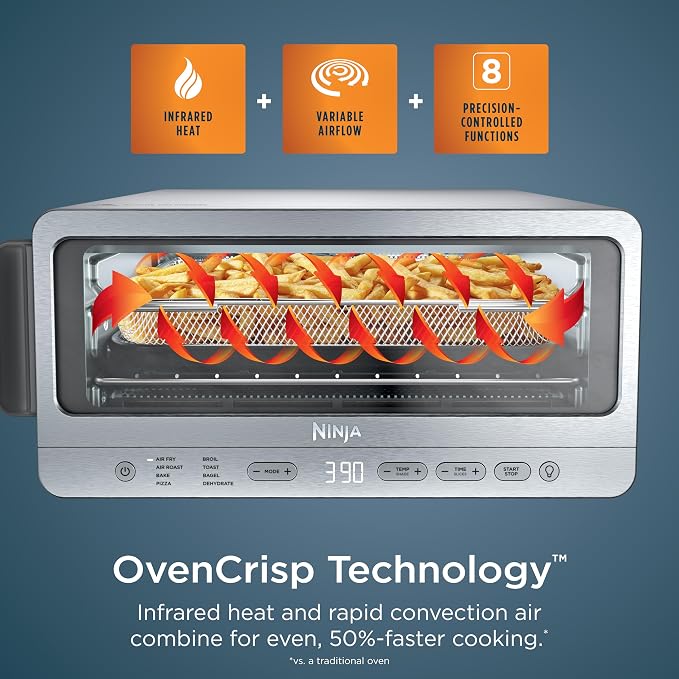 Ninja Flip Toaster Oven & Air Fryer, 8-in-1 Functionality, Flip Up for Storage Space, Large Capacity, Air Fry Basket, Wire Rack, Sheet Pan, Removable Crumb Tray, Stainless, 1800 Watts, SP151 (Renewed)