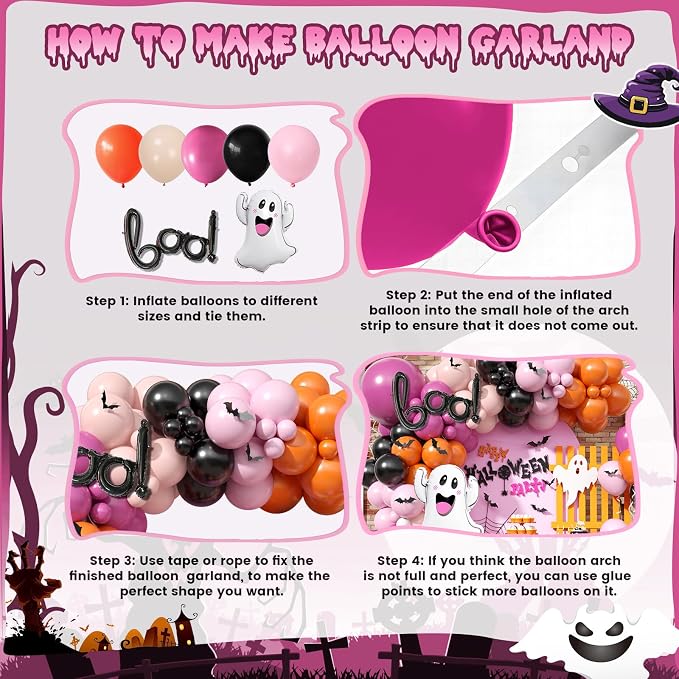 Halloween Balloon Arch Garland, Pink Halloween Party Decorations with Cute BOO Ghost Foil Balloons, Retro Pink Orange Apricot Latex Balloon Bat Sticker for Kids Aldult Birthday Background