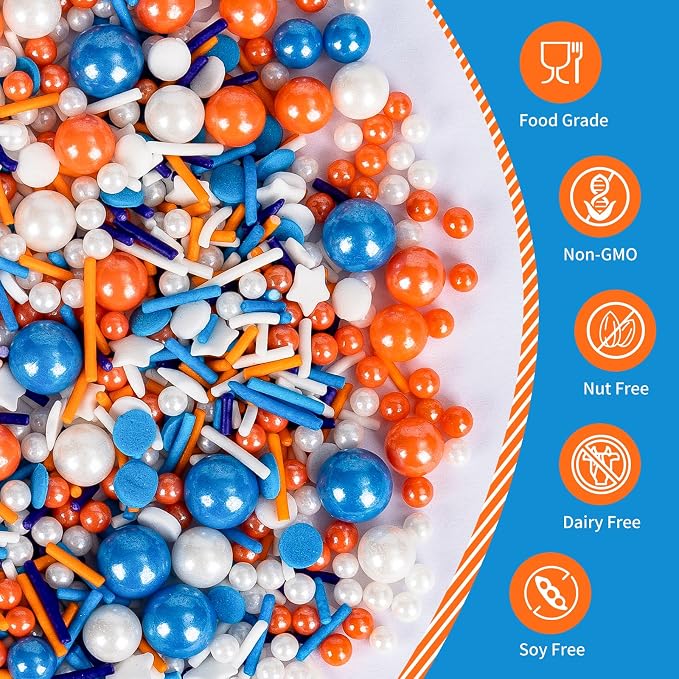 Edible Blue Orange Sprinkles for Cake Decorating,130g White Stars Pearls and Jimmies Mix,Round Sugar Confettis Sprinkle,Cupcake,Cookies,Donut,Basketball Soccer Sports Themed Holiday Dessert Toppings,Birthday Celebration Supplies