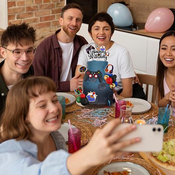 Video Game Cake Toppers Video Game Happy Birthday Controller Headset Cake Decoration Ball Cake Decoration for Game Theme Birthday Party Cake Decoration (Blue Colorful)