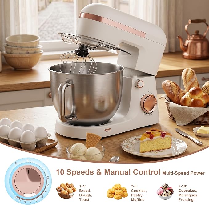 6.5 Qt 10-Speed Tilt-Head Stand Mixer with Dough Hook, Whisk, Beater & Splash Guard, Electric Kitchen Mixer for Baking, Cakes, Bread, and Home Cooking (White)