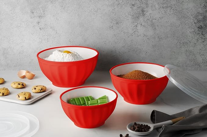 Godinger Mixing Bowls with Lids, Plastic Nesting Bowls Set, Storage Bowls, Microwave Safe Mixing Bowl Set, 3 Bowls 3 Lids