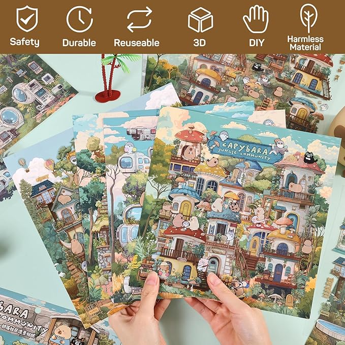 Girls 3D Miniature Scene Stickers, 4 Sets Jungle Community DIY House Stickers for Tribe, Technology, Mushrooms, Art, Cute 3D Cartoon Sticker Scenes for Adult Kids Relief Stress Pass The Time