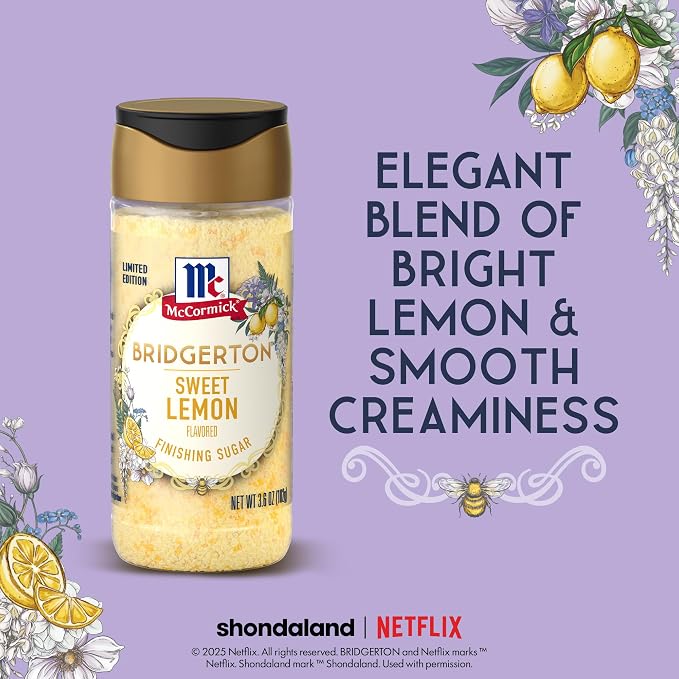 McCormick Bridgerton Finishing Sugar, Sweet Lemon, Limited Edition, Exquisite Lemon Flavor, For Elevating Baked Goods and Beverages, Garnishing, and More, 3.6 oz