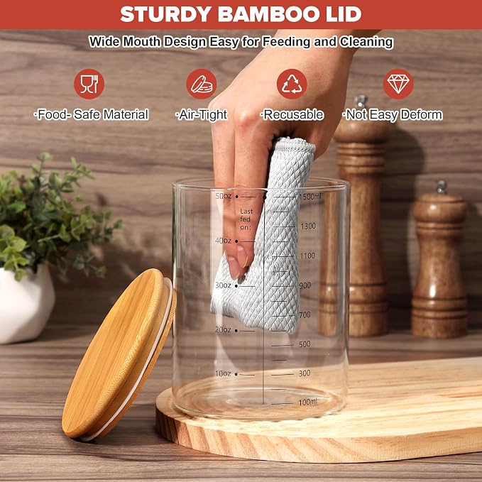 RYTOXILO Sourdough Starter Jar Kit, 50 Oz Glass Large Sour Dough Jars Wide Mouth for Beginners, 10 Pcs Bread Starter Container Set with Bamboo Lid, Sourdough Jar with Bread Baking Supplies Accessories