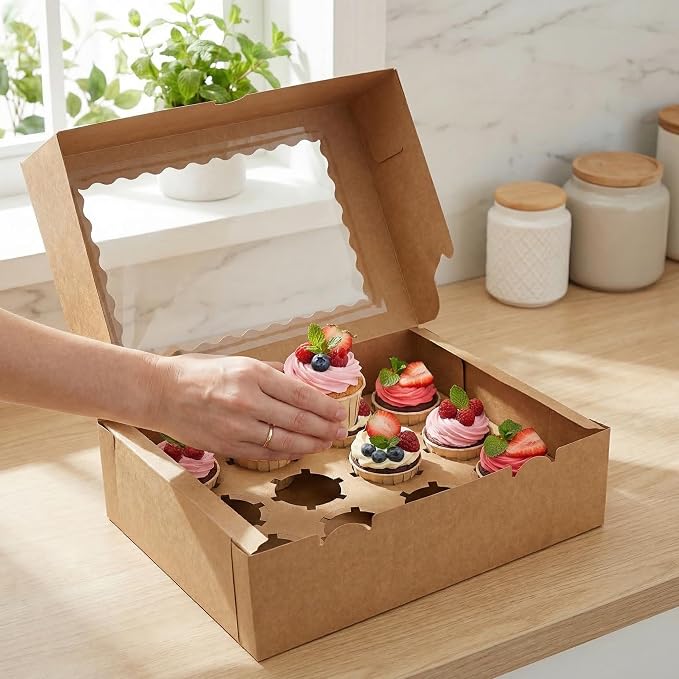Jucoan 20 Pack Cupcake Boxes, 12 Counts Dozen Cupcake Containers with Window and Insert, Brown Bakery Pastry Treat Boxes for Muffins, Cookies, Donuts, Take Out Containers for Party