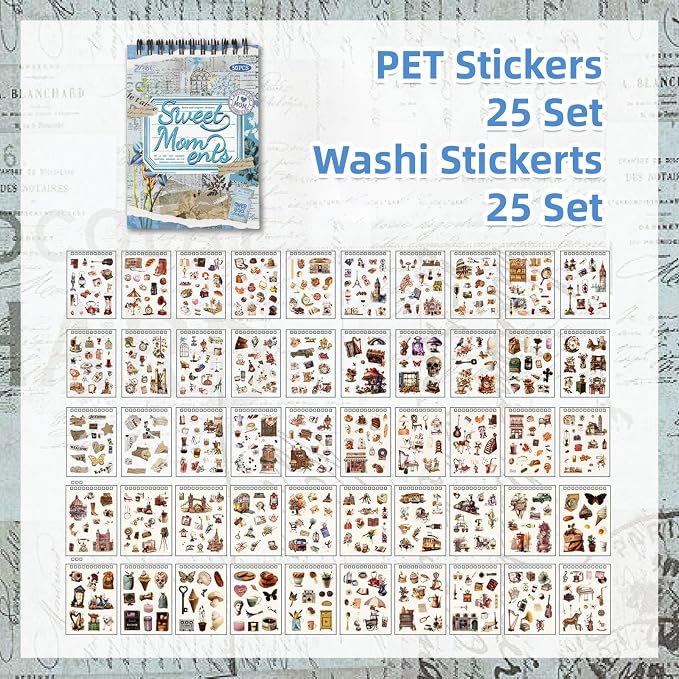 Uideyvi Sweet Series Sticker Scrapbooking Supplies for Junk Journal, 25 Sheets Washi Stickers and 25 Sheets PET Stickers(TZ-010-004)