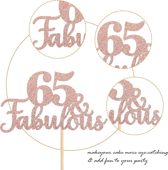 1 PCS 65 & Fabulous Cake Topper Glitter Sixty Five and Fabulous Cake Toppers Happy 65th Birthday Cake Pick for 65th Wedding Anniversary Birthday Party Cake Decorations Supplies Rose Gold