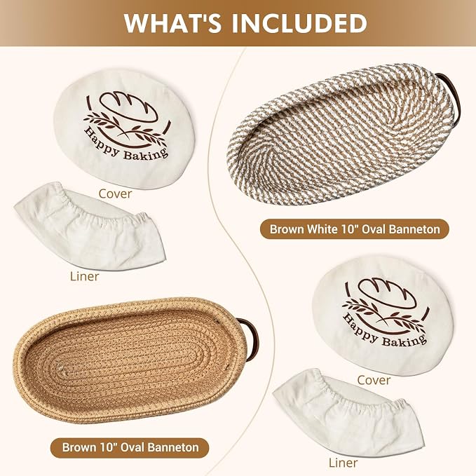 Proofing Basket Banneton Bread Baskets Sourdough Proofing Basket 2Pcs Oval | Howasai Sourdough Proofing Basket, 2Pcs 10''Oval Banneton Baskets With Liners & Covers, Cotton Rope Bread Baskets