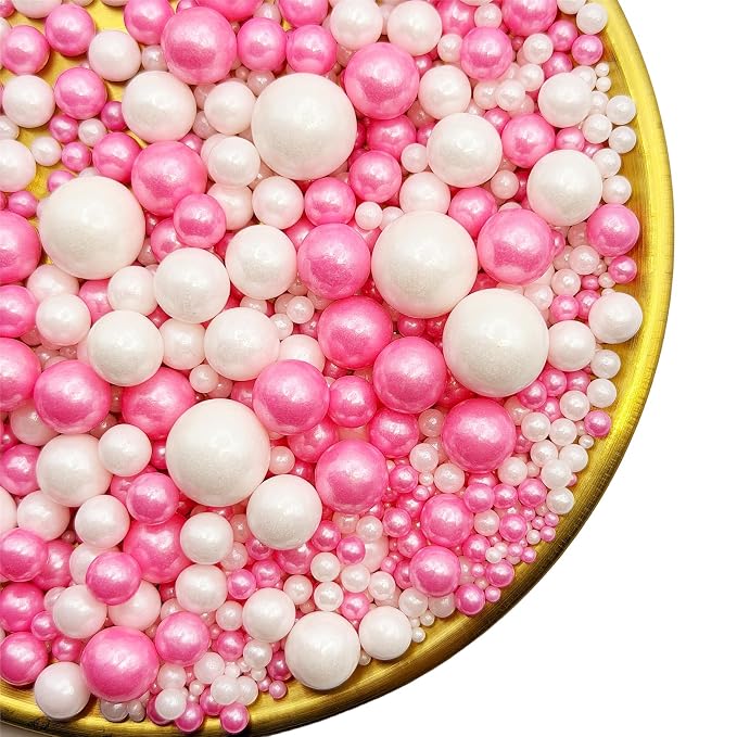 CandiJumpin Edible Pearls for Cake Decorating, Hot Pink and White Pearl Sprinkles Hot Pink Sugar Pearls Edible Cake Decorations White Pearl Sugar Sprinkles Cupcake Toppers Baby Shower Party Birthday Wedding Christmas Supplies 3 OZ