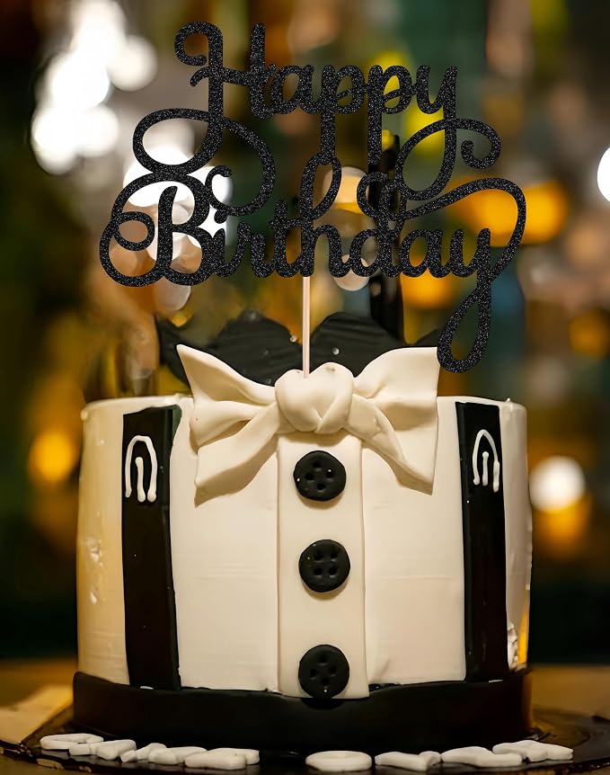 Happy Birthday Cake Topper - Black Glitter Birthday Party Cake Decoration Supplies, Photo Booth Props