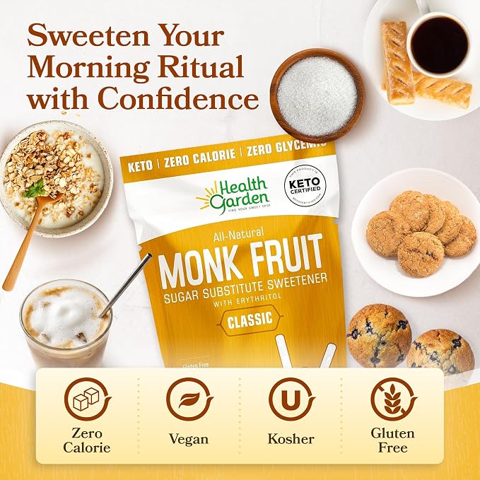 Health Garden Monk Fruit Sweetener, Classic Sugar Substitute – 40 Count Packets – 1:1 Monk Fruit Sugar Substitute with Erythritol, Zero Calorie Monkfruit Sweetener for Baking and Coffee, Keto Friendly, Non-GMO