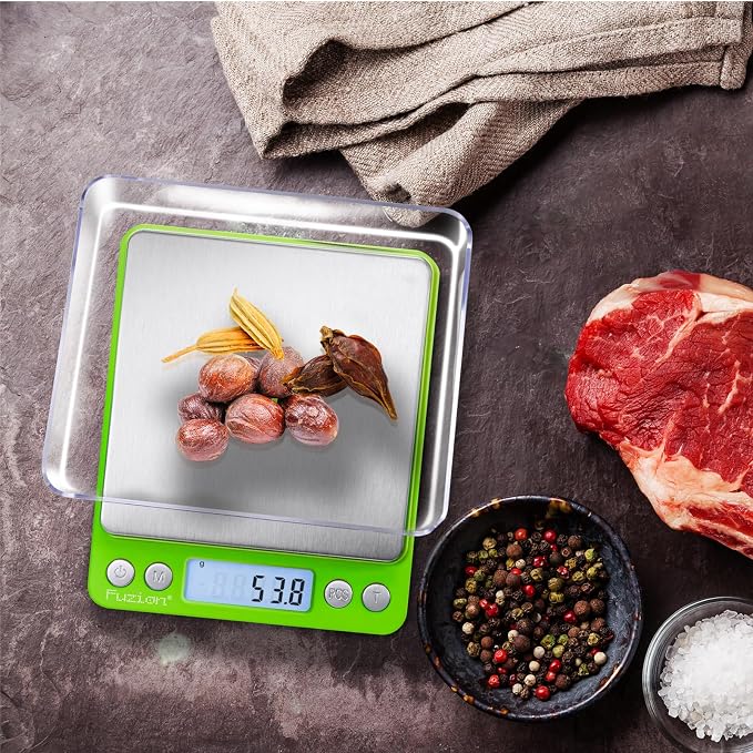 Fuzion Small Gram Scale 3000g, Digital Kitchen Food Scale, Gram and Ounce | 0.1g Accuracy, 6 Modes, 2 Trays Included, Tare Function, Piece Counting, For Food, Coffee, Cooking, Herb, Reptiles, Coins