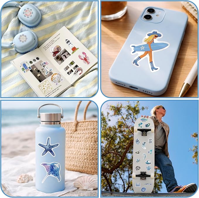 100 Pcs Coastal Blue Stickers for Scrapbooking, Waterproof Vinyl Nautical Ocean Stickers for Laptops Water Bottles Journals, Vintage Coastal Seaside Shell Decals for Adults Teens