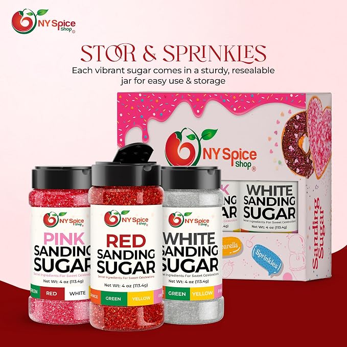 NY Spice Shop Sanding Sugar - 4 Ounce (Pack of 3) Sanding Sugar Red, Pink & White Decorative Sugars for Sweet Treat - Crystals Sugars for Cupcakes Cookies Cakes Dessert Decorating