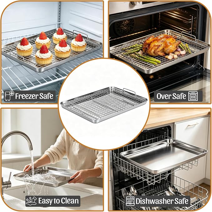 15.9" Large Stainless Steel Baking Sheet with Rack & Glove, Nonstick Baking Pans,Cookie Pan- Heavy Duty, Dishwasher Safe, Easy Clean(2 PCS)