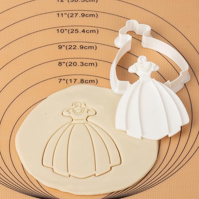 Wedding Cookie Cutters Dress with Plunger Stamps Handle Bridesmaid Bridal Shower Holiday PLA Baking 3.5" Cutter Molds for Kids Decorative Party Kitchen