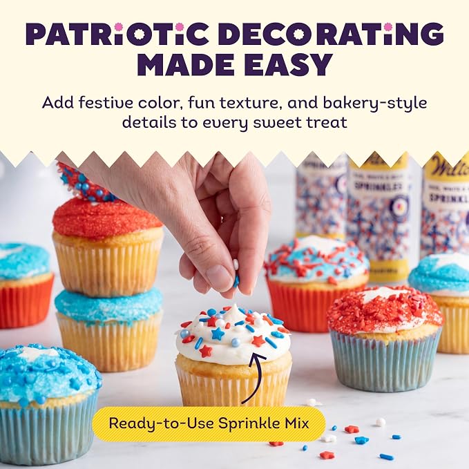 Wilton Patriotic Edible Sprinkle Mix - Includes Red, White & Blue Stars, Nonpareils & Jimmies - Great for Holiday Cupcakes, Brownies & Cookies - 3.8 oz