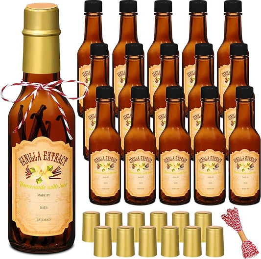 Tioncy 16 Pcs Empty Vanilla Extract Bottles for Homemade Vanilla Jar Glass Bottle with Cap, Shrink Band, Sticker DIY Crafts Wedding Gift Food Storage Canister for Bean