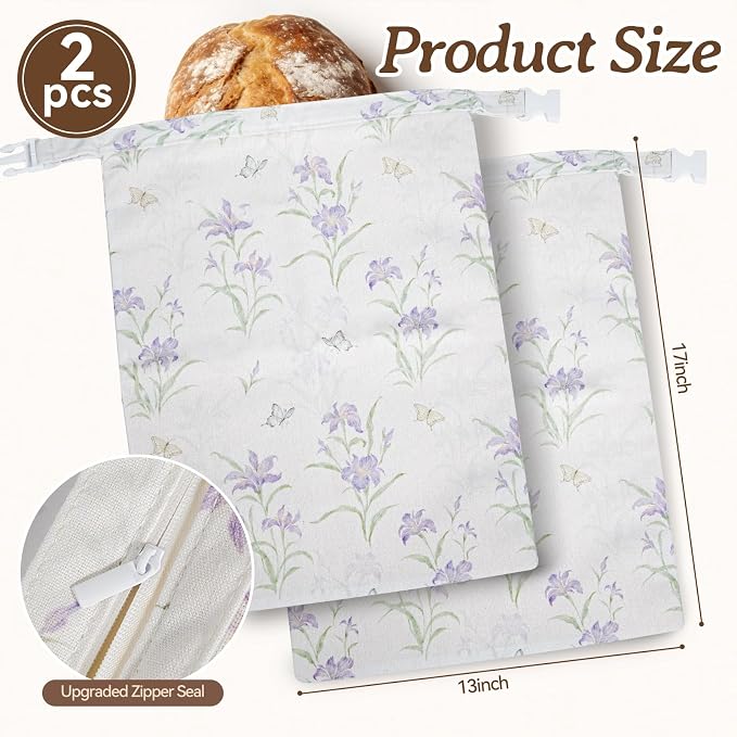 Beeswax Bread Bags for Sourdough, 2 pcs XL Zipper Reusable Bread Bags for Homemade Bread, Cotton and Linen Food Storage Bags for Bakery, Pantry, Long-Lasting Freshness (Purple Floral)