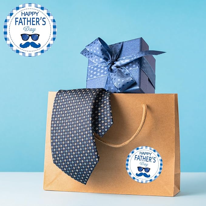 Louise Maelys 500 Pcs Happy Father's Day Stickers 1.5 Inch Round Blue Plaid Stickers with Vintage Mustache Design for Gift Wrapping Envelopes