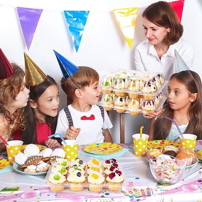 12 Count x 25 Sets Cupcake Carrier With 300 Pack Liners, Stackable Plastic Cupcake Containers Boxes Holder with Tall Dome Lid, Disposable Cupcake Storage Trays