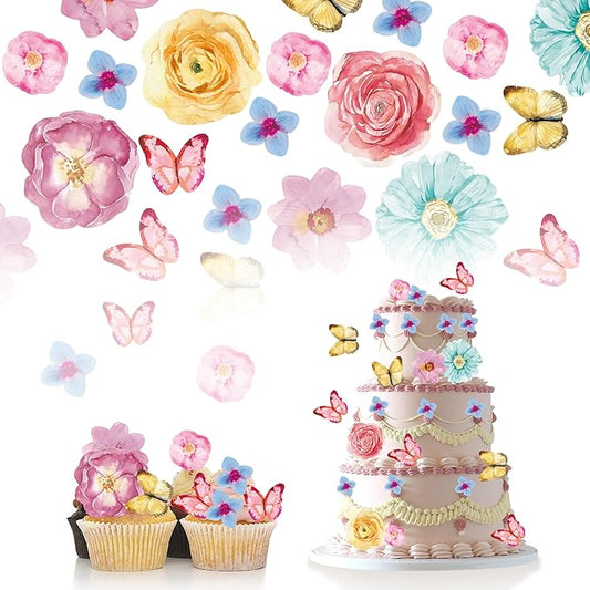 102Pcs Edible Flowers & Butterfly Cake Topper Cupcake Toppers Wafer Paper Wedding Themed Party Birthday Party Decoration Supplies Mixed Size & Colour