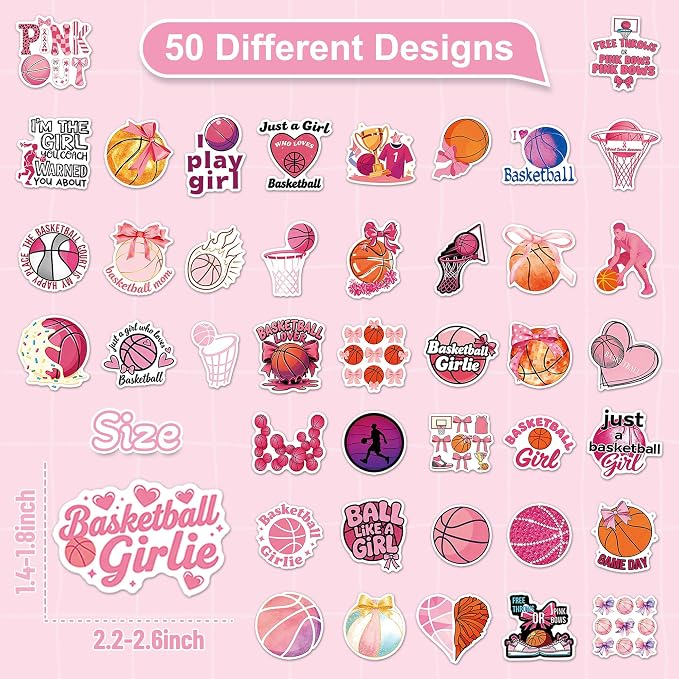 50 Pcs Pink Basketball Stickers for Scrapbooking, Waterproof Vinyl Girl Sport Stickers for Laptops Water Bottles Journals, Cute Bow Ball Decals for Kids Teens Girls