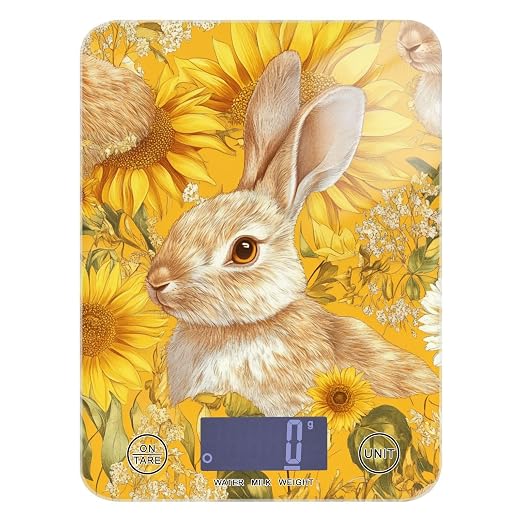 Yellow Sunflowers Bunny Food Scale Kitchen Digital Scale Food Ounces and Grams Dieting Baking Cooking Waterproof Glass Panels LCD Display,4 Units Tare Function