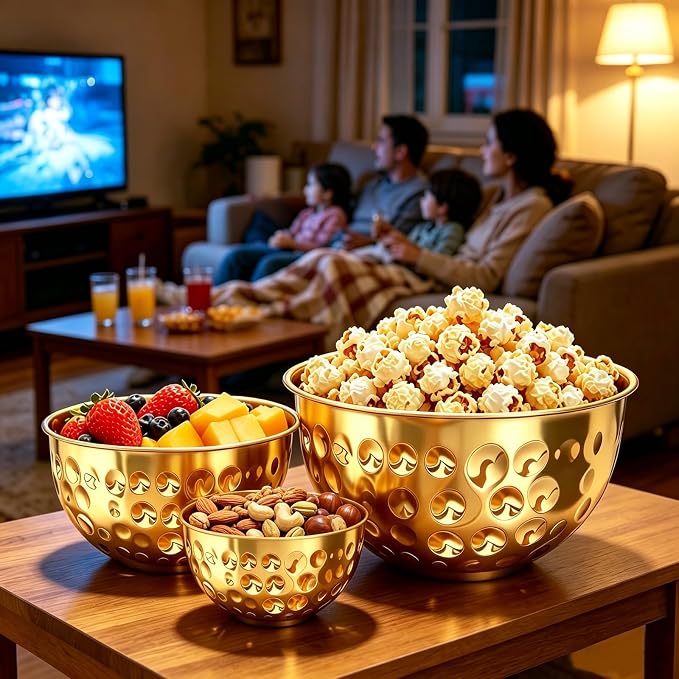5-Piece Gold Serving Bowls (4.9/4.2/3.2/2.1/1.6QT), Gold Bowl Set with Hammered Design, Nesting Stainless Steel Mixing Bowls for Movie Night, Party and Home Decor