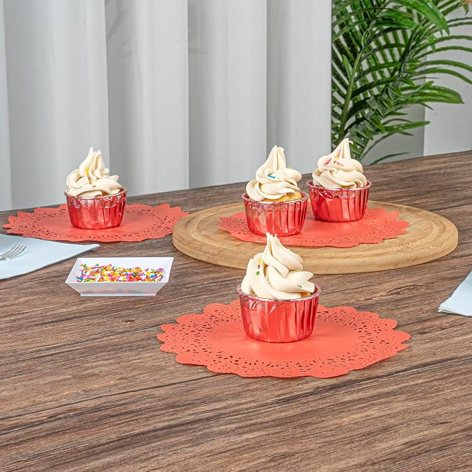 Restaurantware Paper Doilies 100 Pack of 8 Inch Lace Disposable Table Decor Red Round Shape Decorative Presentation