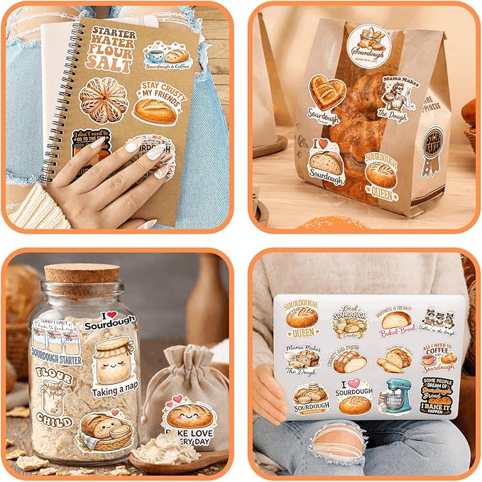 100pcs Sourdough Stickers Pack, Funny Bread Sticker, Bakery Stickers, Baking Stickers for Jar Water Bottle Laptop Scrapbooking Phone Decoration, Lover Baking Gifts