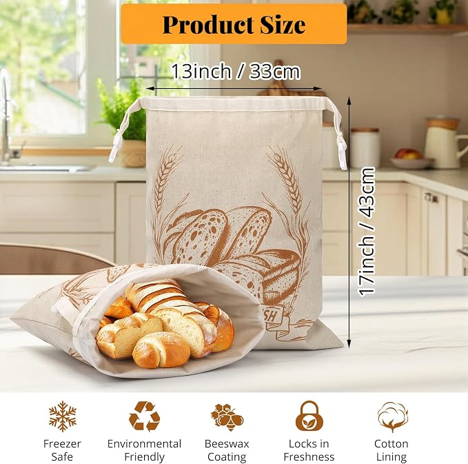 Homelove 2 Pack Bread Bags for Sourdough Homemade Bread - Reusable Organic Linen Bag Cotton Lining Sourdough Natural Bread Storage Bag, Keep Fresh and Upgraded XLarge Capacity Portable