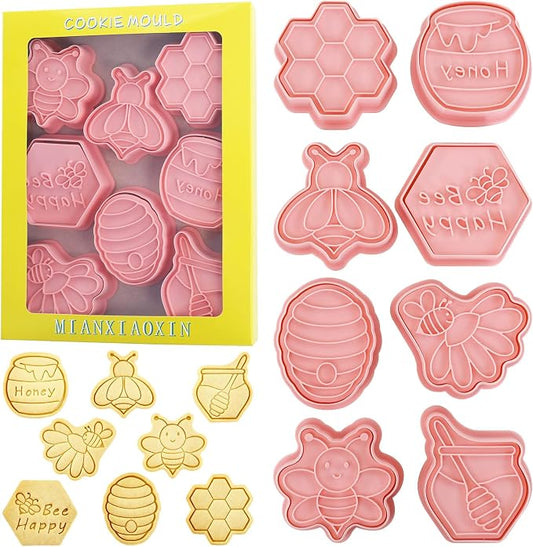 Bee Cookie Cutters with Cookie Stamps 8 Pcs Honeycomb Fondant Cheese Baking Molds for Honey Bees Party Decoration (Honeycomb)