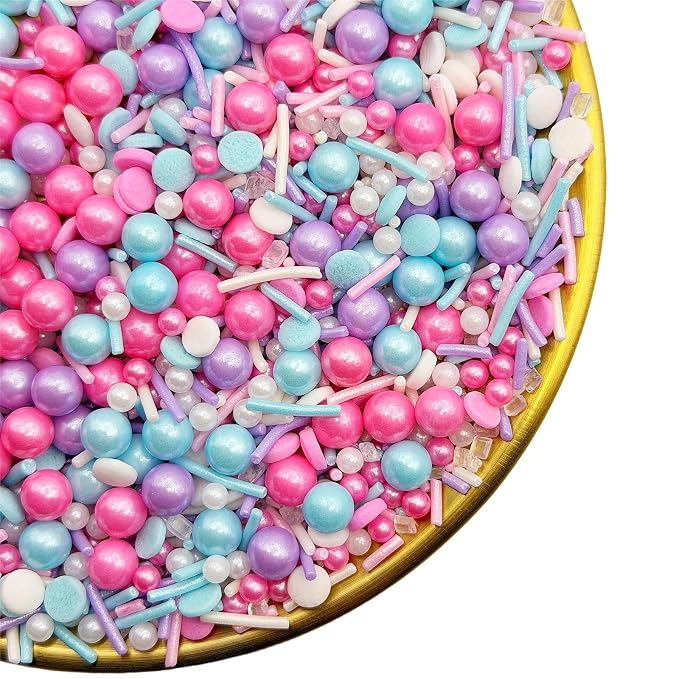 CandiJumpin Pink Blue and Purple Pearl Sprinkles, Edible Pearls and Jimmies Mix Blue and Purple Sprinkles Crunchy Jimmies Edible Pearls for Cake Decorating Pearl Decoration for Baking Baby Shower Party Birthday Wedding Christmas Supplies 3 OZ