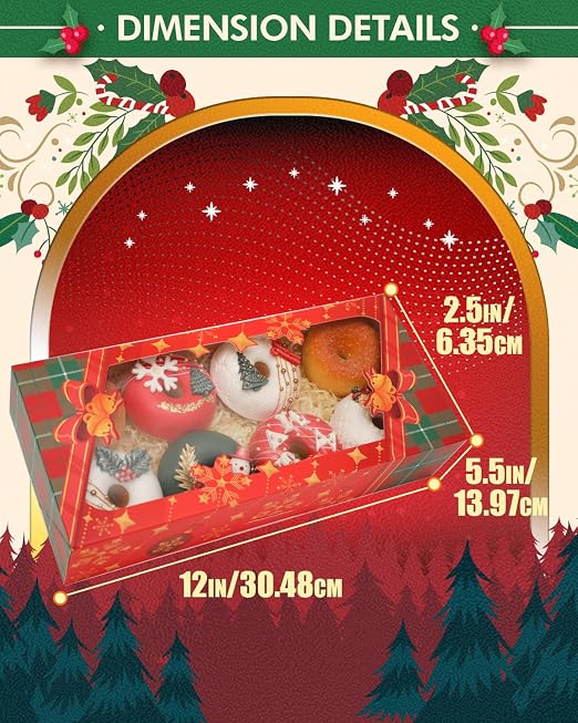 qiqee Christmas 12Packs Cookie Box with Window 12x5.5x2.5 Inch Two Uses Pastry Biscuit Bakery Box for Christmas